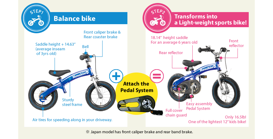 STEP1 Balance bike  Saddle height + 14.63”(average inseam  of 3yrs old)  No pedals!  Front caliper brake & Rear coaster brake　Sturdy steel frame  Air tires for speeding along in your driveway.  Attach the Pedal System  STEP2 Transforms into a Light-weight sports bike!  18.14”height saddle For an average 6 years old  Front reflector  Rear reflector  Easy assembly Pedal System　Only 16.5lb!　One of the lightest 12”kids bike!　※ Japan model has front caliper brake and rear band brake.