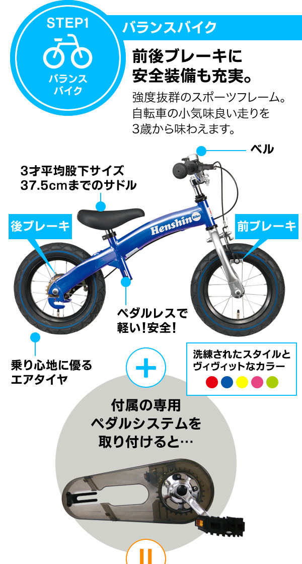 STEP 1　バランスバイク　前後ブレーキに安全装備も充実。　強度抜群のスポーツフレーム。自転車の小気味良い走りを3歳から味わえます。